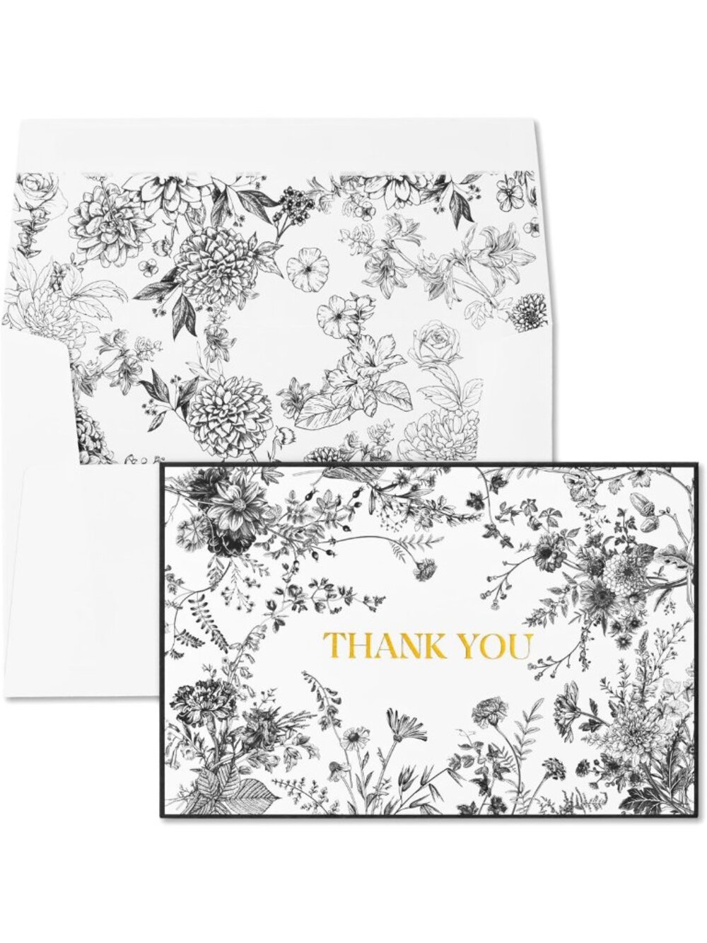 Elegant Black Floral Thank You Cards with Envelopes & Stickers - 50 Pack for